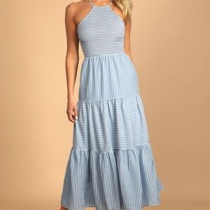 Light Blue and White Striped Midi Dress